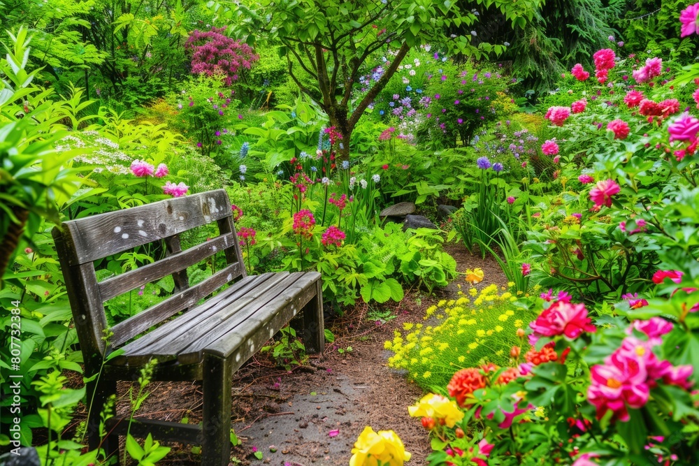 A wooden bench sits in a garden with a path leading to it A wooden bench sits in a garden with a path leading to it