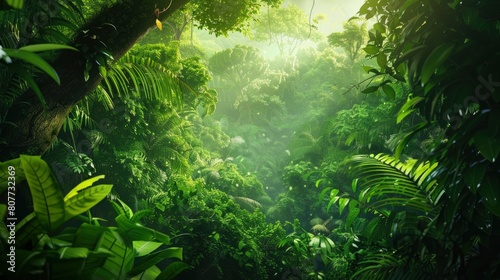 A lush green jungle with trees and plants