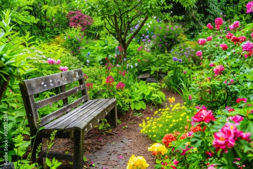 A wooden bench sits in a garden with a path leading to it