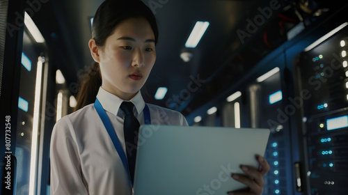 Wallpaper Mural A woman stands in a server room while holding a laptop, focusing on database management. Torontodigital.ca