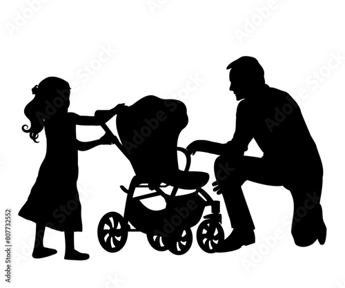Family silhouettes. Father with daughter and baby in stroller. Vector illustration.   © Евгений Горячев