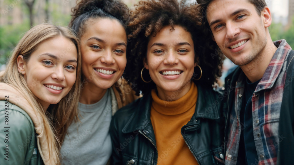 Portrait of four smiling happy multiethnic friends in against a heavily blurred park background Portrait of four smiling happy multiethnic friends in against a heavily blurred park background