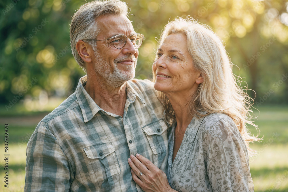 A beautiful gray-haired pensioner 60-year-old couple is relaxing hugging each other in a park. Scene is happy and affectionate