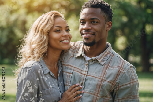 African American man and woman are smiling and hugging each other in a park. Scene is happy and affectionate