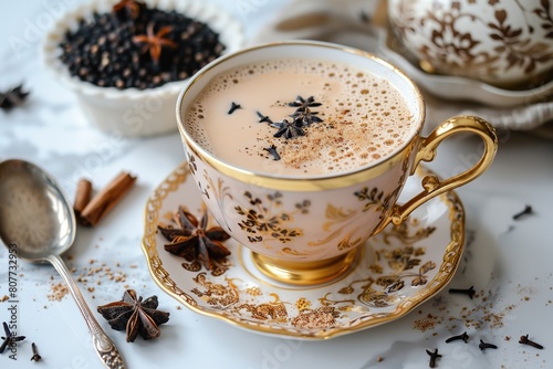 Black tea with milk and species. Indian drink. Masala chai tea in a modern ceramic cup, saucer with golden spoon. Autumn or winter spice hot beverage in mug with cinnamon, badian on white marble table photo