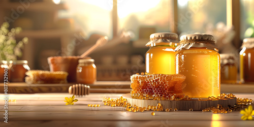 Honey is the most important ingredient in the world, Honey jars with honey dipper, Sweet Natural Honey in a Jar for a Healthy Breakfast. 