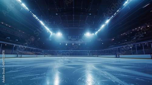An empty ice hockey arena with blue lighting and skate marks on the ice, showcasing an expansive seating area. © Natalia