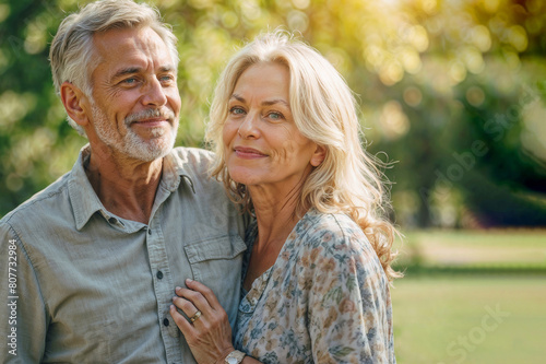 A beautiful 60-year-old couple is relaxing hugging each other in a park with copy space. Scene is happy and affectionate