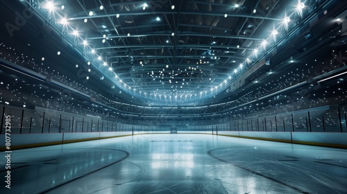 An empty ice hockey stadium with detailed scratch marks on ice under bright lights. © Natalia