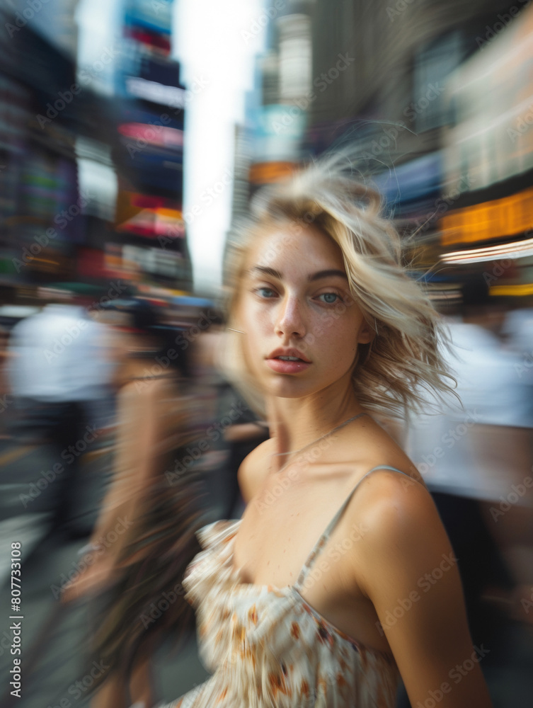 jeune fille blonde qui marche dans la rue, effet de flou de mouvement