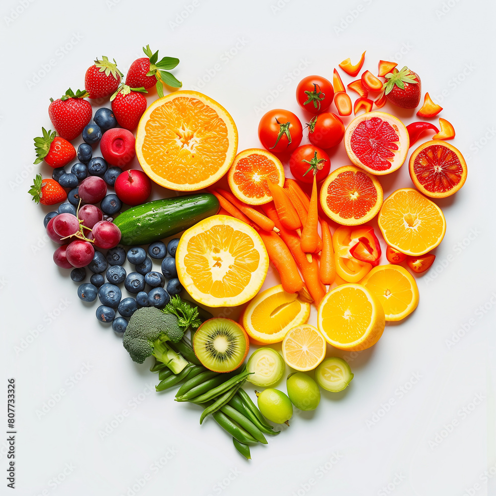 A heart shape made of various colorful fruits and vegetables, symbolizing the health benefits associated with eating an rainbowcolored healthy lifestyle on white background A heart shape made of various colorful fruits and vegetables, symbolizing the health benefits associated with eating an rainbowcolored healthy lifestyle on white background