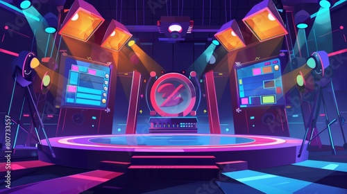 The stage of a trivia show, with contestants and presenters on platforms, a screen with challenges and ratings, and spotlights. Cartoon modern illustration of an interior studio room with a stage for photo