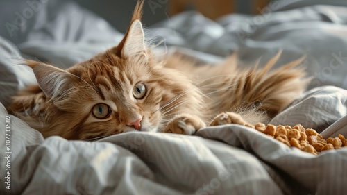A Maine Coon lying on its bed with dry food looking happy. Pet food business.