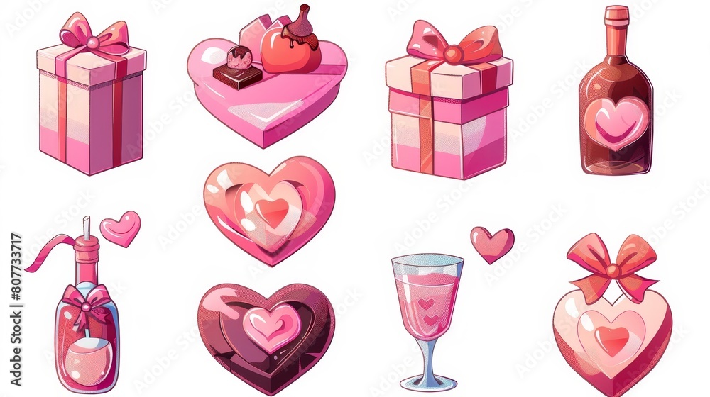 Modern cartoon illustration of romantic gifts set isolated on white background, including chocolate candy, cocktail glass, heart-shaped pink box with red ribbon bow, wine bottle, and romantic date Modern cartoon illustration of romantic gifts set isolated on white background, including chocolate candy, cocktail glass, heart-shaped pink box with red ribbon bow, wine bottle, and romantic date