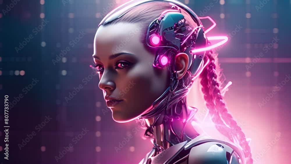 Robot with artificial intelligence. Artificial intelligence concept. Futuristic woman robot head with technology neural system. People futuristic artificial intelligence, robots system Robot with artificial intelligence. Artificial intelligence concept. Futuristic woman robot head with technology neural system. People futuristic artificial intelligence, robots system