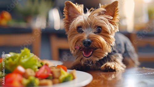 A Yorkshire terrier runs happily to eat dry dog food. pet food business © Annawet boongurd