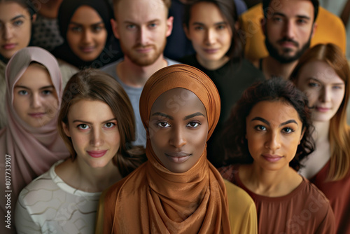 A group of people of different ethnicities and looks, all looking to camera, muted earthy tone colour palette. 