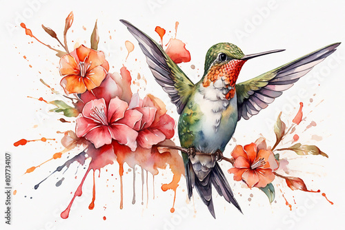 Hummingbird with flowers and splashes. Watercolor illustration.