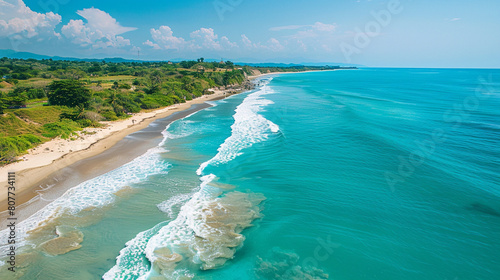Beach Sand Sea Shore with Blue wave and white foamy summer background,Aerial beach top view overhead seaside. © BoszyArtis