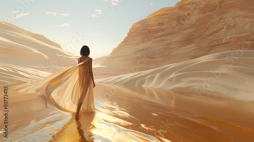 a woman standing by the water of a desert poster background