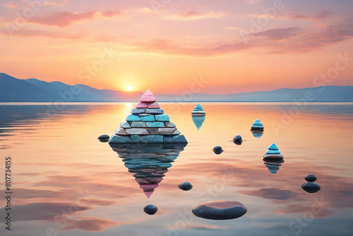 Colorful pyramid of stones on the lake at sunset. 3d rendering