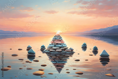 Stacked stones in water on sunset background. 3d rendering.