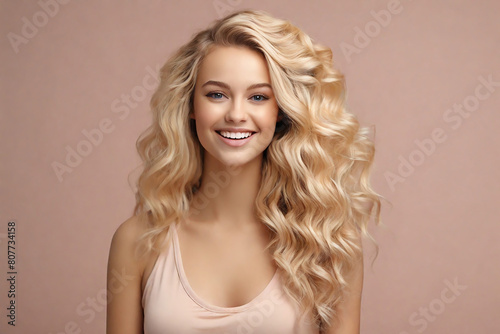 Portrait of a beautiful young woman with wavy blonde hair on a color background