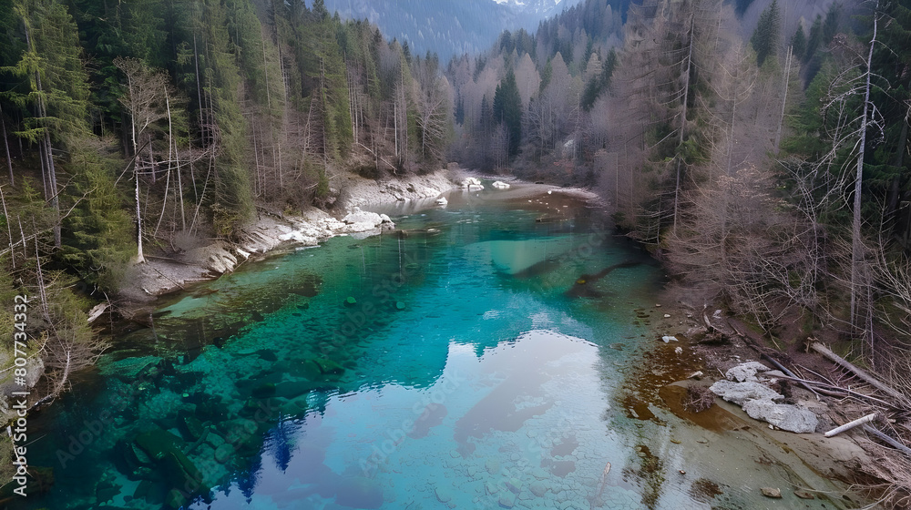 A drone photo of the clear turquoise waters in an alpine valley surrounded by forest