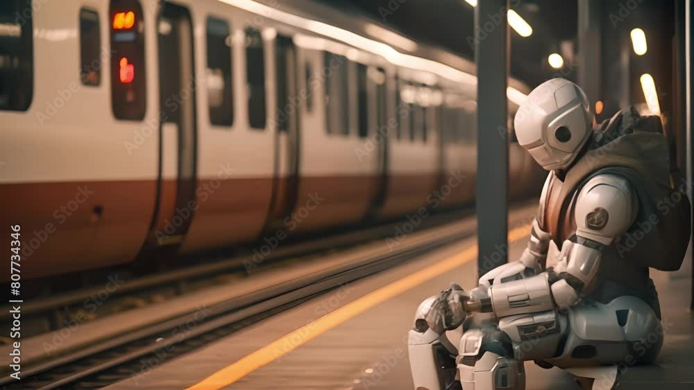 Robot with artificial intelligence sitting in train station. A cyborg robot sitting in the subway platform, Train station, Future of urban. Transportation concept Robot with artificial intelligence sitting in train station. A cyborg robot sitting in the subway platform, Train station, Future of urban. Transportation concept