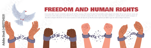 Vector horizontal poster with a dove of peace and hands clenched into fists breaking the restraining handcuffs