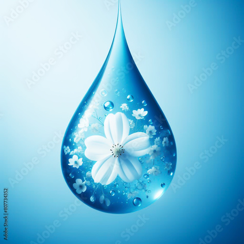 Clean image of a flower inside a drop of water on a blue background