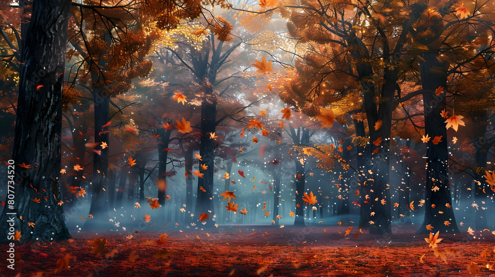 A forest with trees of various sizes and colors, with leaves falling on the ground in autumn