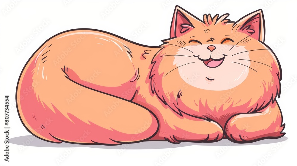 Fototapeta premium Cute happy fluffy pink yellow cartoon cat illustration for design projects and prints