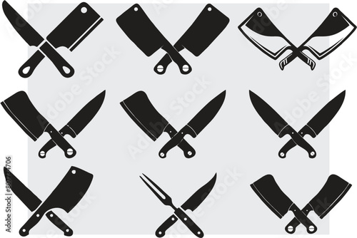 Collection of kitchen Meat knives. Hand-forged cleaver, Meat cleaver, boning, carving knife icons. kitchenware icons for restaurants, kitchens, butchery, meat shop objects in crossed style. eps 10.