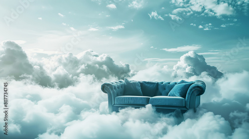 A surreal image depicting a luxurious blue tufted sofa floating among soft white clouds under a blue sky.