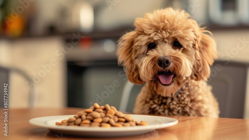 Labradoodle has a happy expression on his face. About to eat. pet food business.