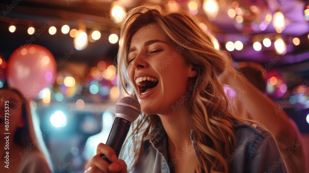 Woman Singing at Karaoke Night