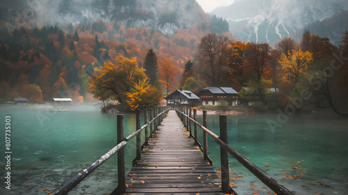 A wooden bridge over the turquoise river in an autumn forest, with mountains and houses in the background, in a foggy weather