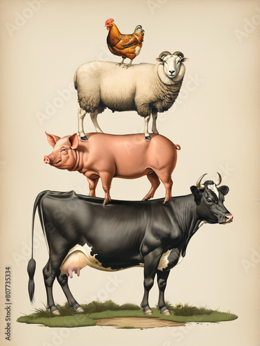 Stacked farm animals, milk cow, pig, sheep, chicken, farm, animals, concept art, illustration, 