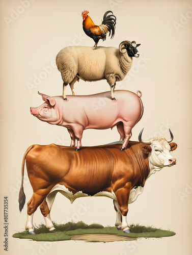 Stacked farm animals, bull, pig, sheep, rooster,  farm, animals, concept art, illustration,