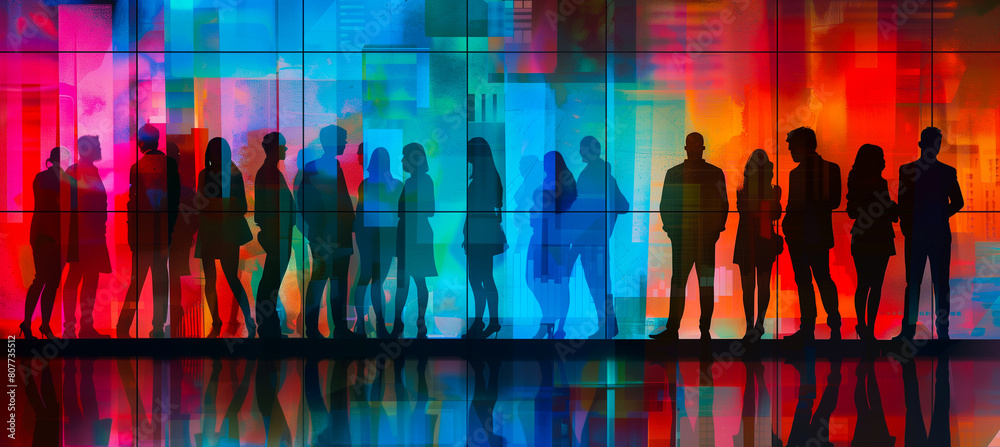 Obraz premium Silhouettes of business people talking at a trade fair, conference or walking in a modern hall, company, trendy work party colourful concept 