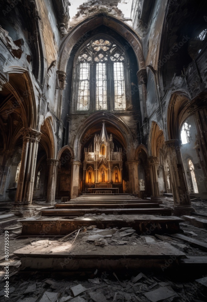 Fototapeta premium ethereal abandoned church stunning cathedral decay mysterious atmosphere, cathedrals, ruins, hauntingly, beautiful, eerie, desolate, forgotten, old, ancient