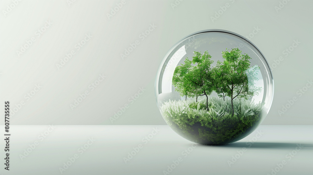 In this 3D render, a transparent glass sphere contains a serene green body of water within, creating a captivating visual representation. Against a complementary green background, the sphere stands 