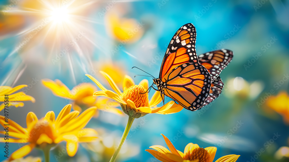 A beautiful butterfly perched on a flower in the garden on sunny day, Monarch butterfly (Danaus plexippus) on flower A beautiful butterfly perched on a flower in the garden on sunny day, Monarch butterfly (Danaus plexippus) on flower