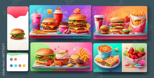 All Fast Food collection set, isolated on white background. Fried chicken, fries, pizza, sandwich, chicken nuggets, eggs and bacon, shawarma, prawns. Junk food of Fast Food set. Closeup of fast foods.