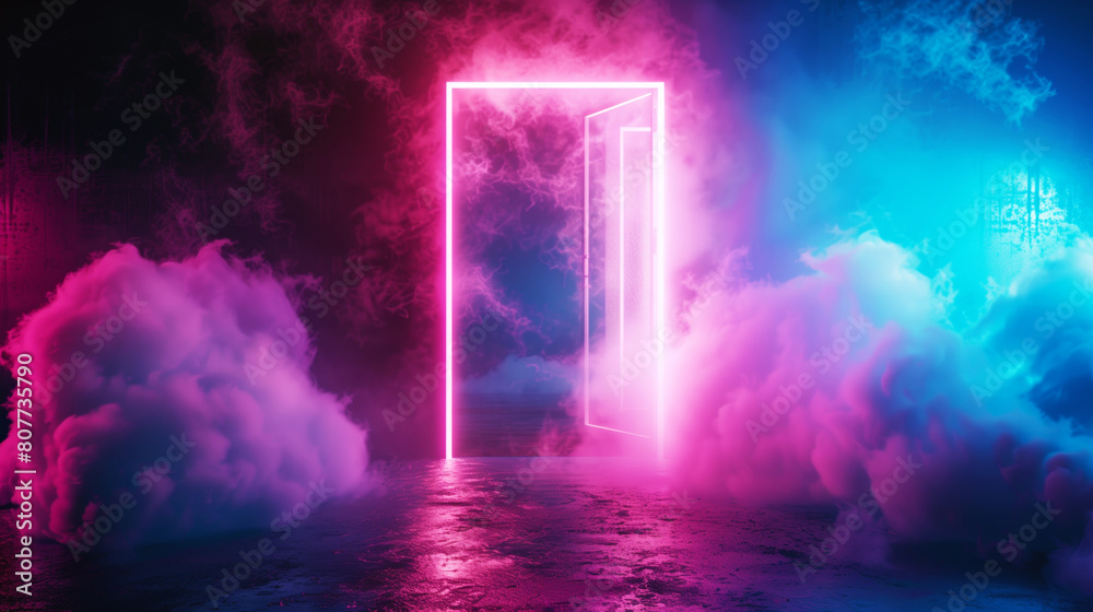 Neon-lit futuristic portal entrance surrounded by mystical fog in a surreal, vibrant environment. Neon-lit futuristic portal entrance surrounded by mystical fog in a surreal, vibrant environment.