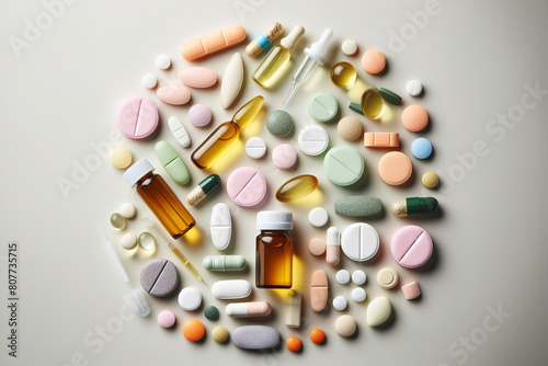 Array of tablets in assorted shapes and colors captured in close-up against a minimalist backdrop. colorful representation of pharmaceutical diversity