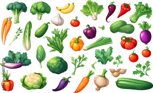 Vector vegetables icons set in cartoon style. Collection farm product for restaurant menu, market label.