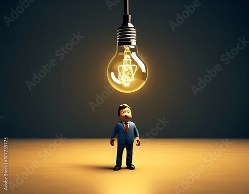 a businessman in a classic suit with a large electric light bulb burning above his head