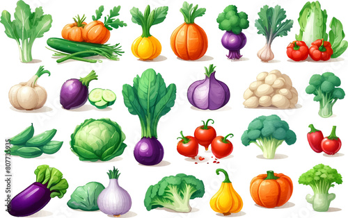 Vector vegetables icons set in cartoon style. Collection farm product for restaurant menu, market label.